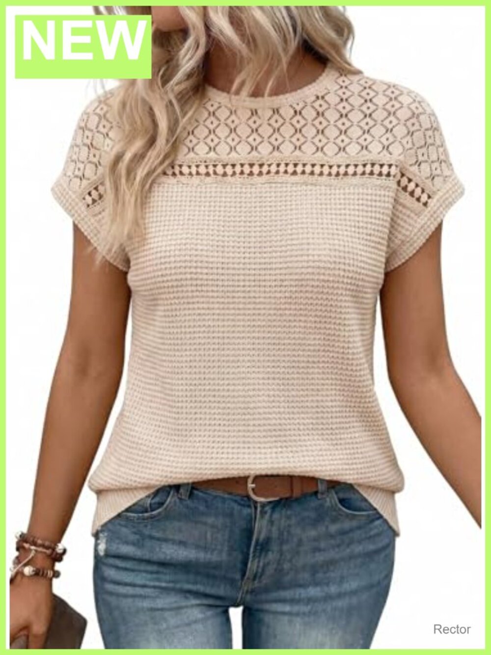Waffle Knit Hollow Out Short Sleeve Scoop Neck Loose Tunic Top Blouse